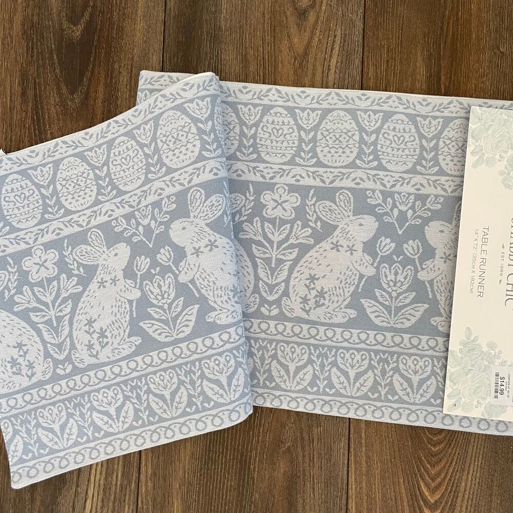 SHABBY CHIC Blue and White EASTER Bunnies 14 X 72 Spring Table Runner NEW